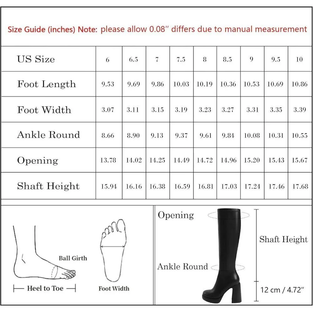 Women's Black Platform Knee High Boots Chunky Heel Rounded Toe Zipper